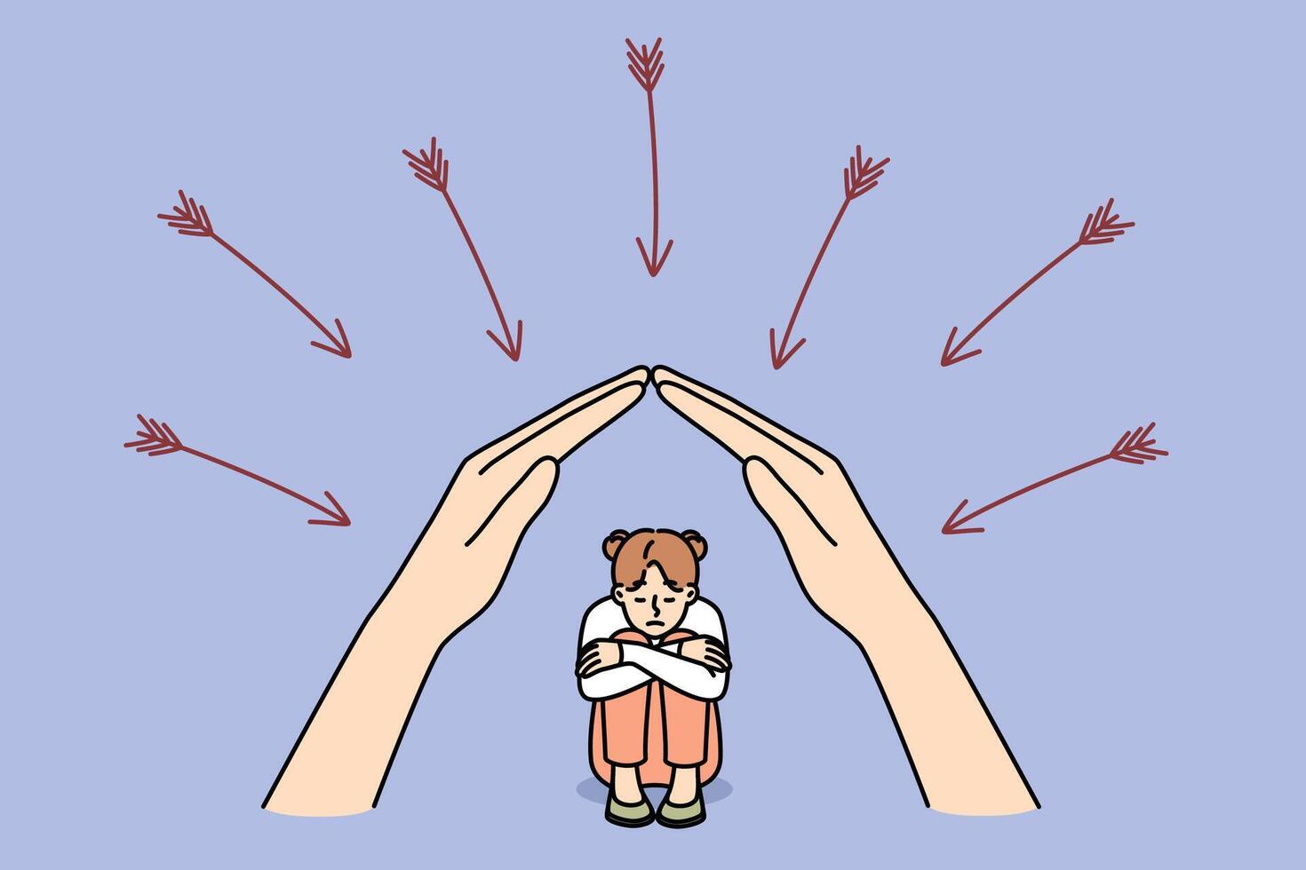 Mother hands protect little daughter from dangers and arrows, for concept of maternal philanthropy vector