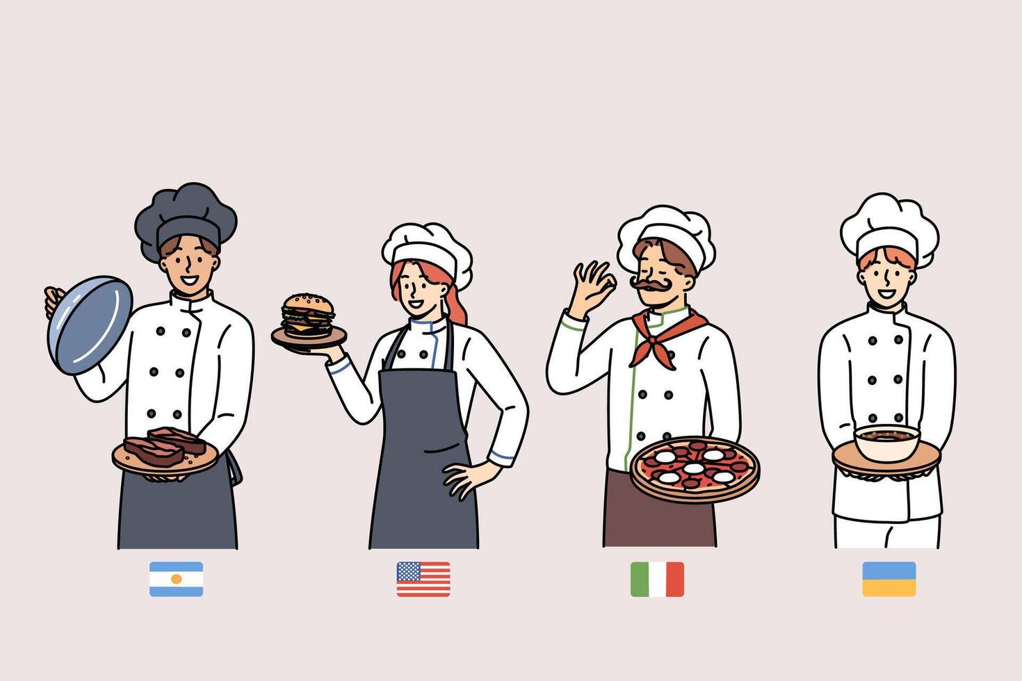Group of chefs from different countries demonstrate delicious national dishes, standing near flags vector