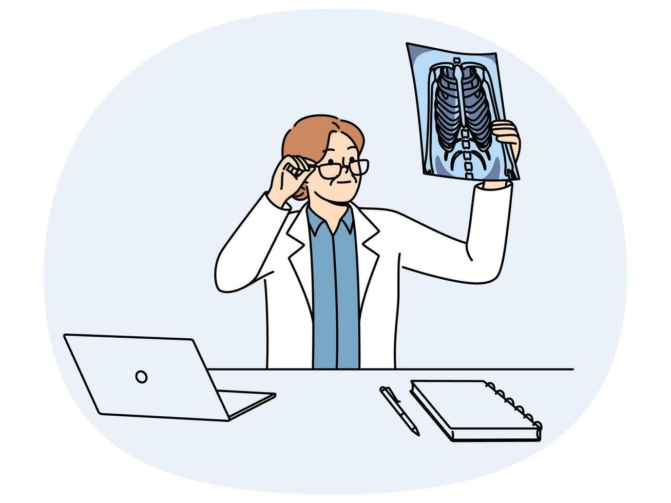 Woman doctor holding x-ray picture of sick conducting medical examination patient with lung problems vector