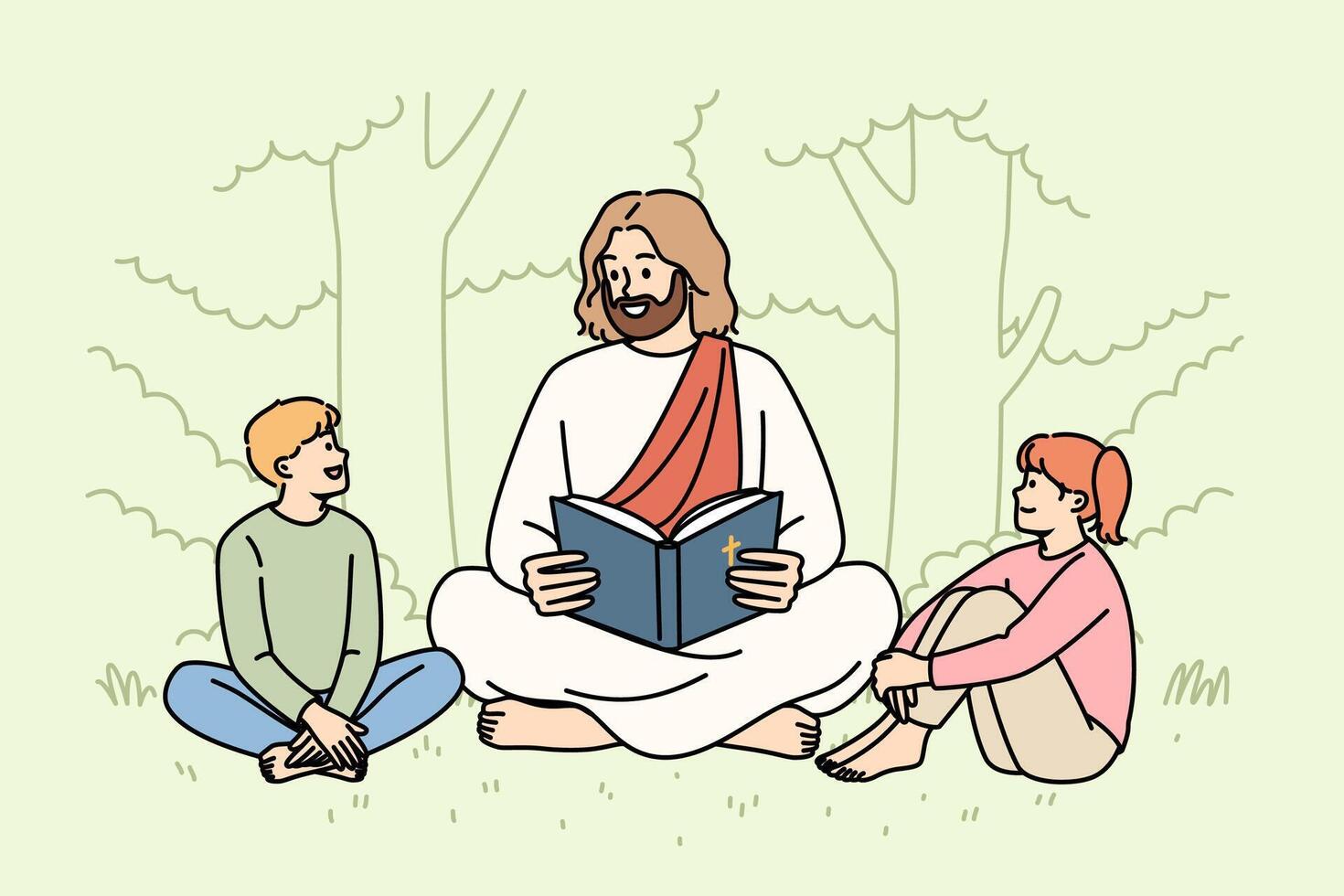 Jesus christ reads bible to little children sitting in park, talking about christian religion vector