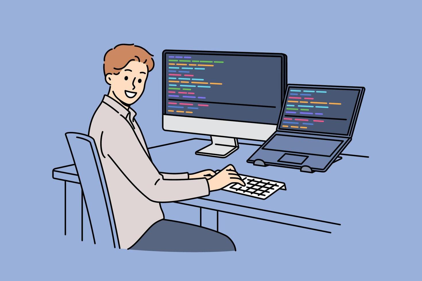 Man programmer types code and looks at camera, sitting at table with computer and laptop vector