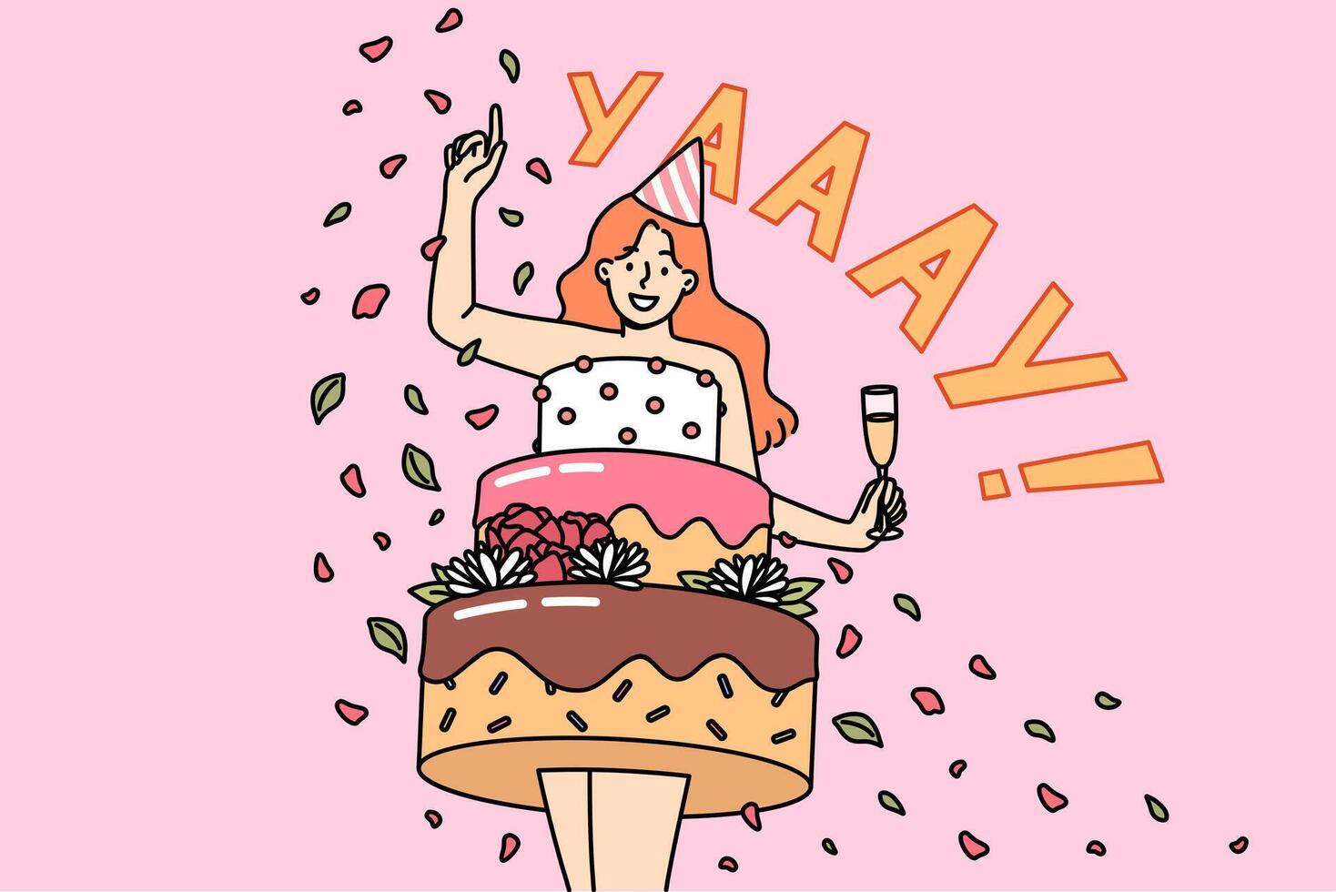 Woman dressed as birthday cake drinks champagne and tosses candy to invite you to party vector