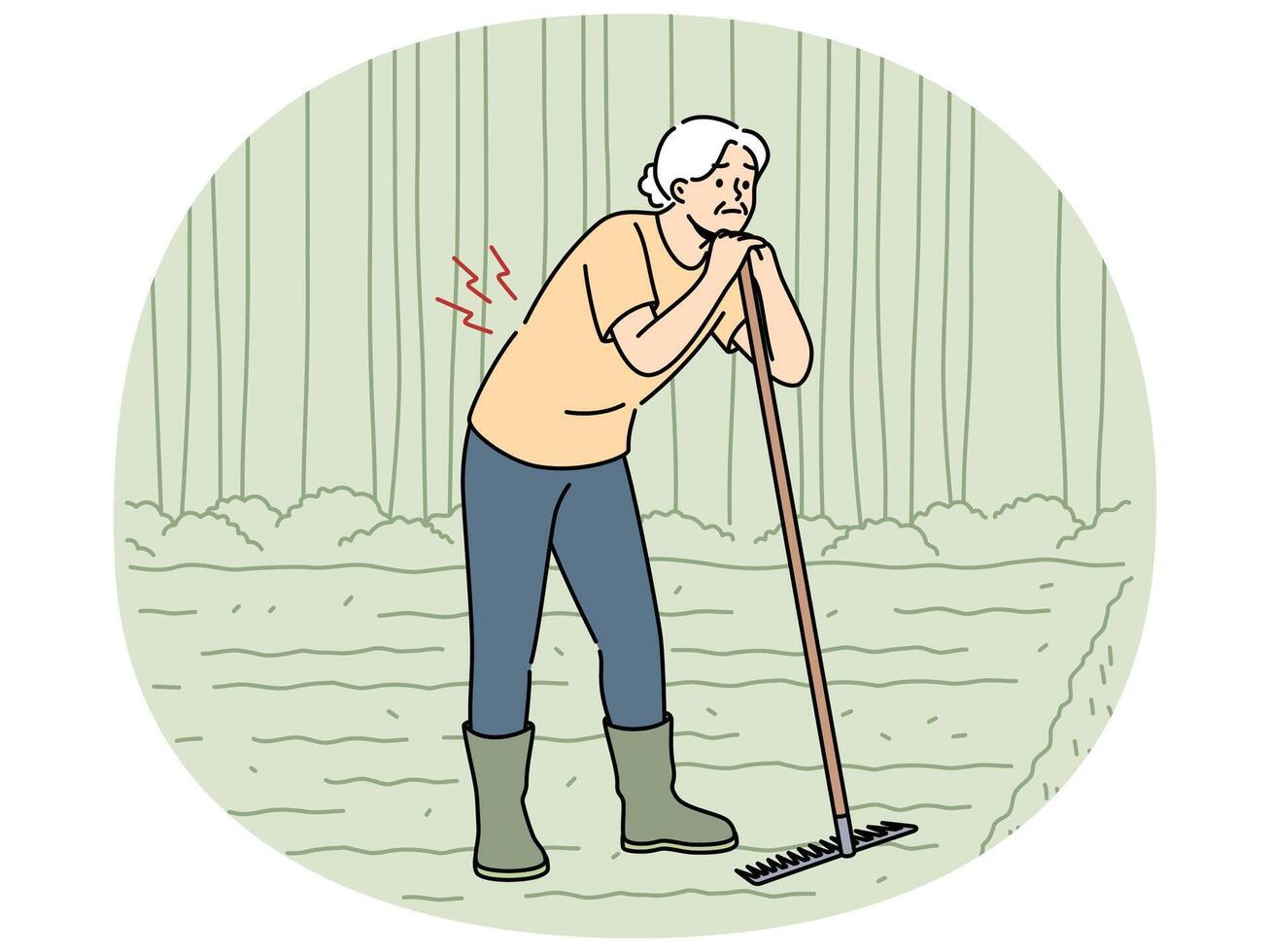 Elderly woman farmer with bad back stands on plantation and leans on rake in need of doctor help vector