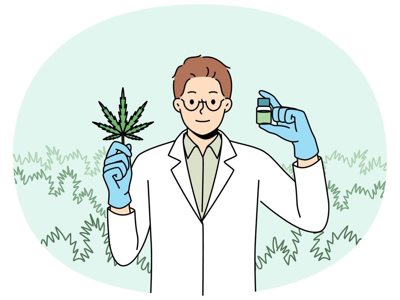 Man biologist with cannabis oil produced from narcotic plant, recommending legalization of marijuana vector