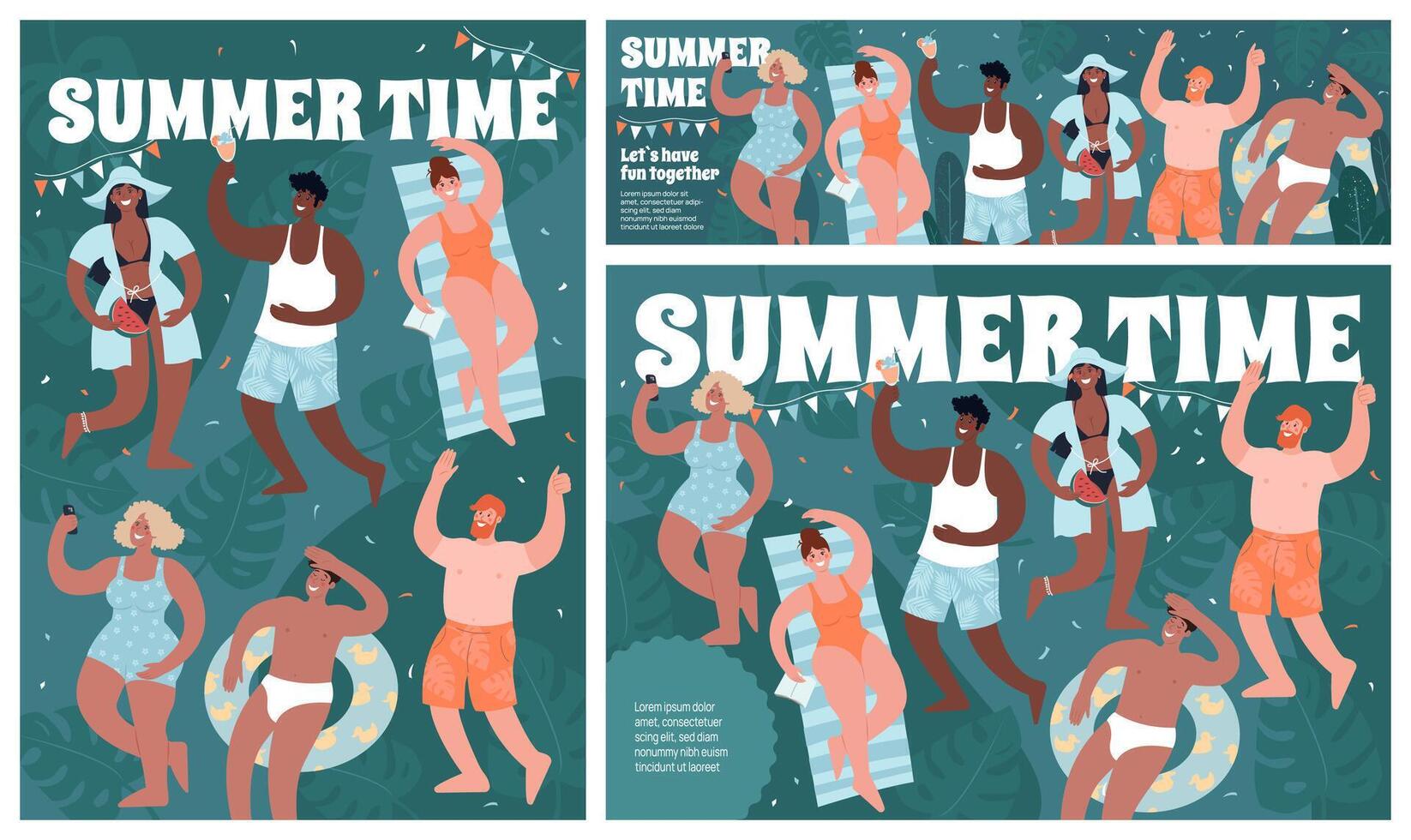 Summertime set of banners and posters. Beach or pool party. Diverse people in swimsuits have fun. Cute flat modern illustrations. vector