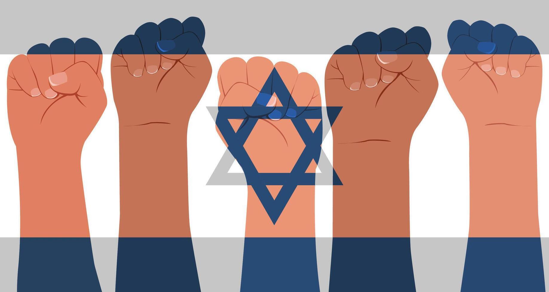 Hands clenched into fists against the background of the Israeli flag vector