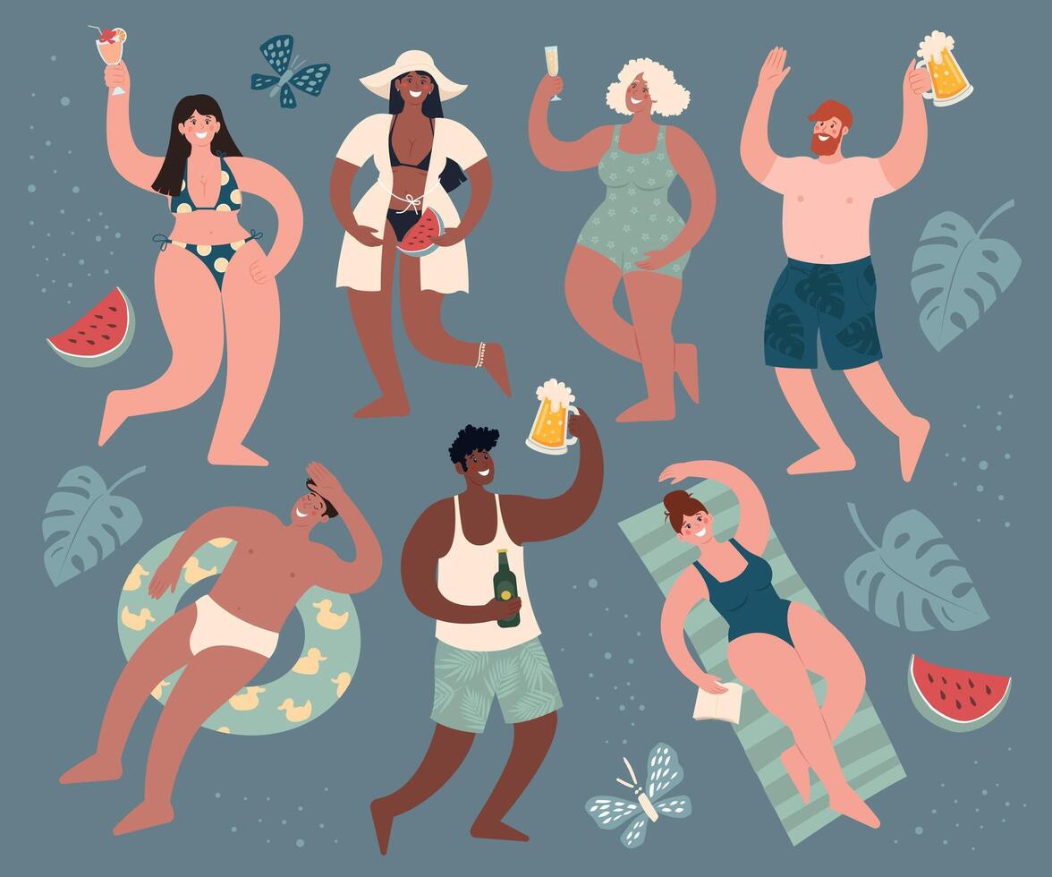 Summertime Sticker set. Beach or pool party. Diverse people in swimsuits drink alcohol and have fun. vector