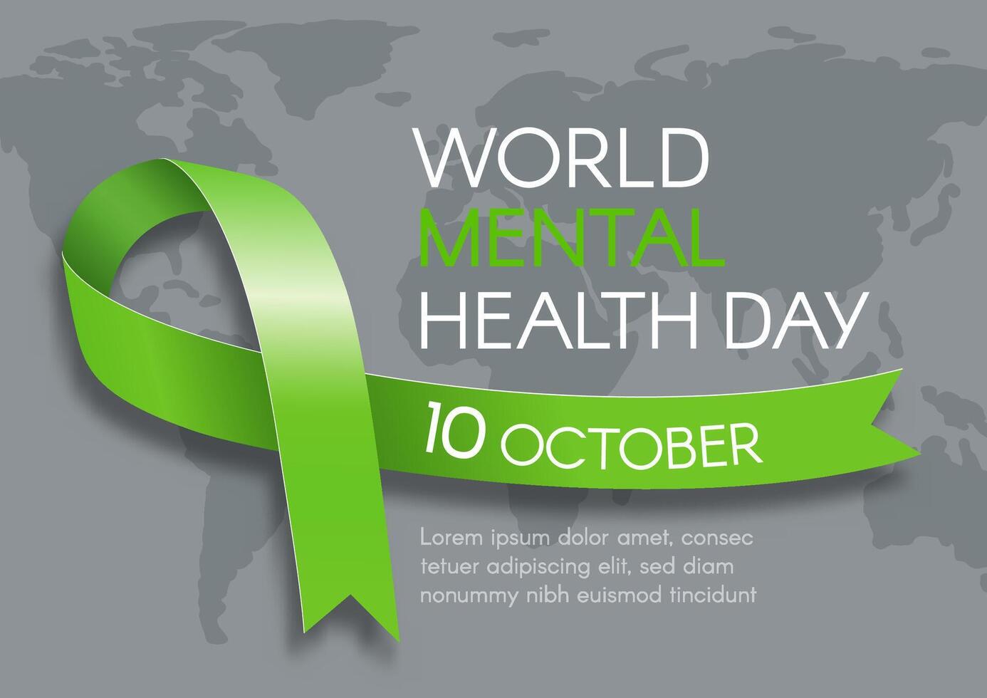 Mental Health Day. Horizontal banner with green ribbon and text. flat illustration. vector