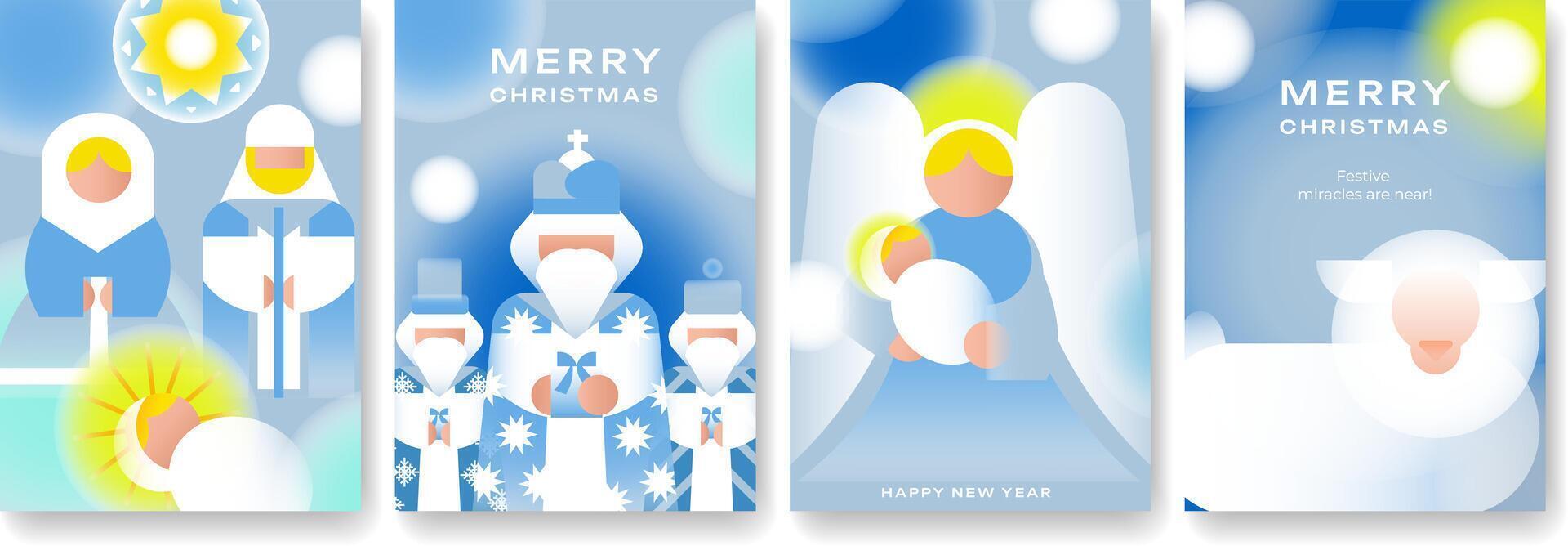A collection of Christmas greeting cards. Christian nativity scene with traditional symbols of Holy Night. Airy, winter colors. Complement any Christmas card, invitation, holiday decor or advertising. vector