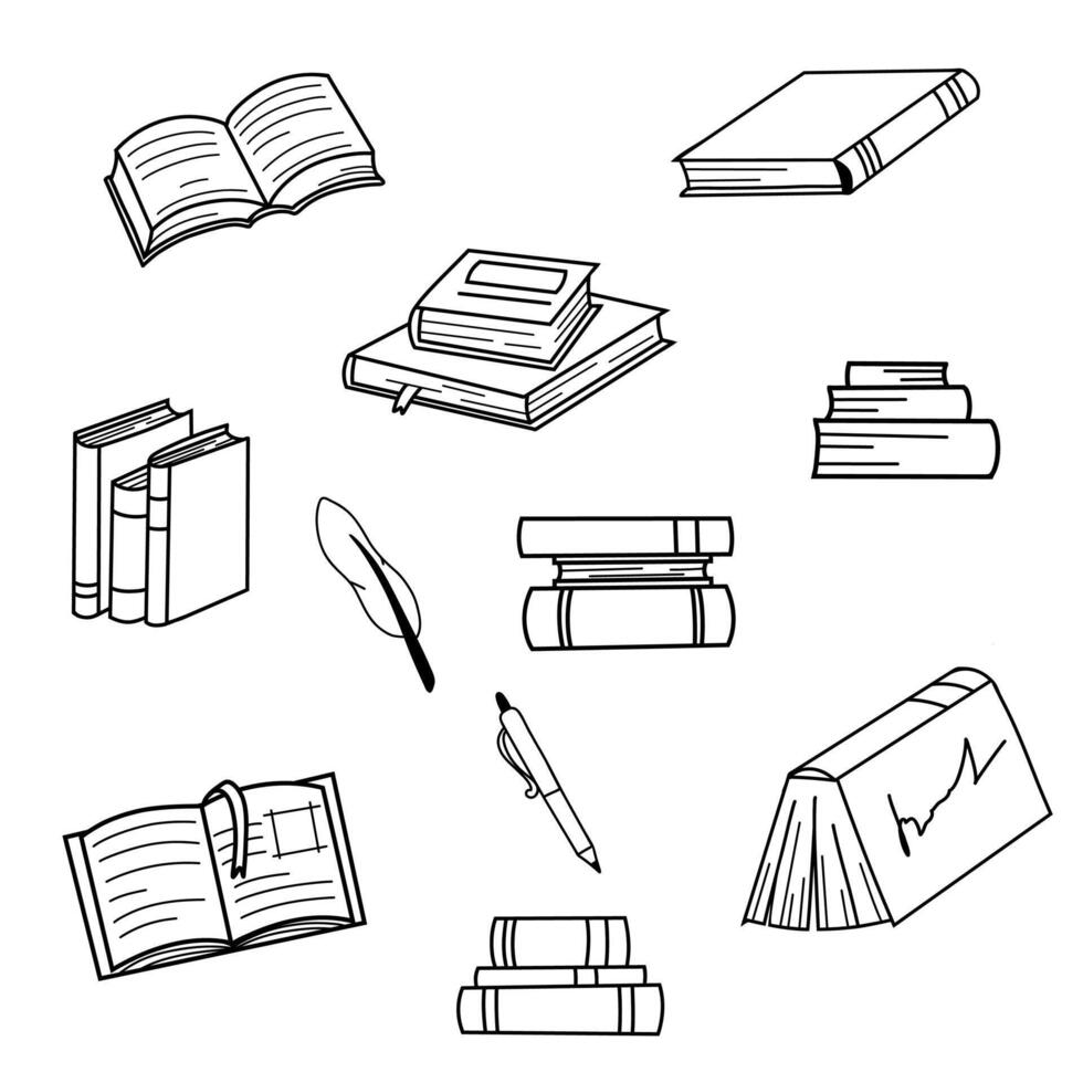 Stacks of books to read, piles of textbooks to study. A set of literature, dictionaries, encyclopedias, planners with bookmarks. Black and white flat illustration isolated on white background. vector