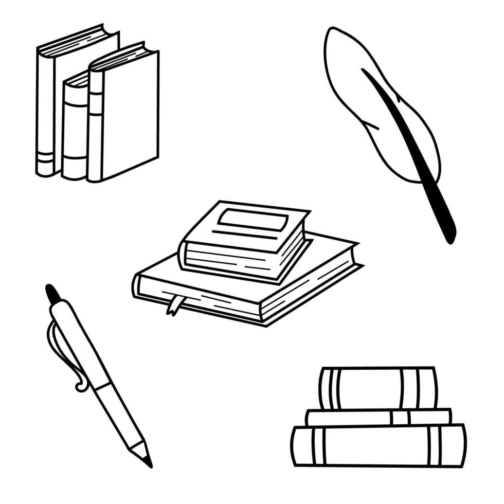 Stacks of books to read, piles of textbooks to study. A set of literature, encyclopedias, planners with bookmarks, pen, feather. Black and white flat illustration isolated on white background. vector