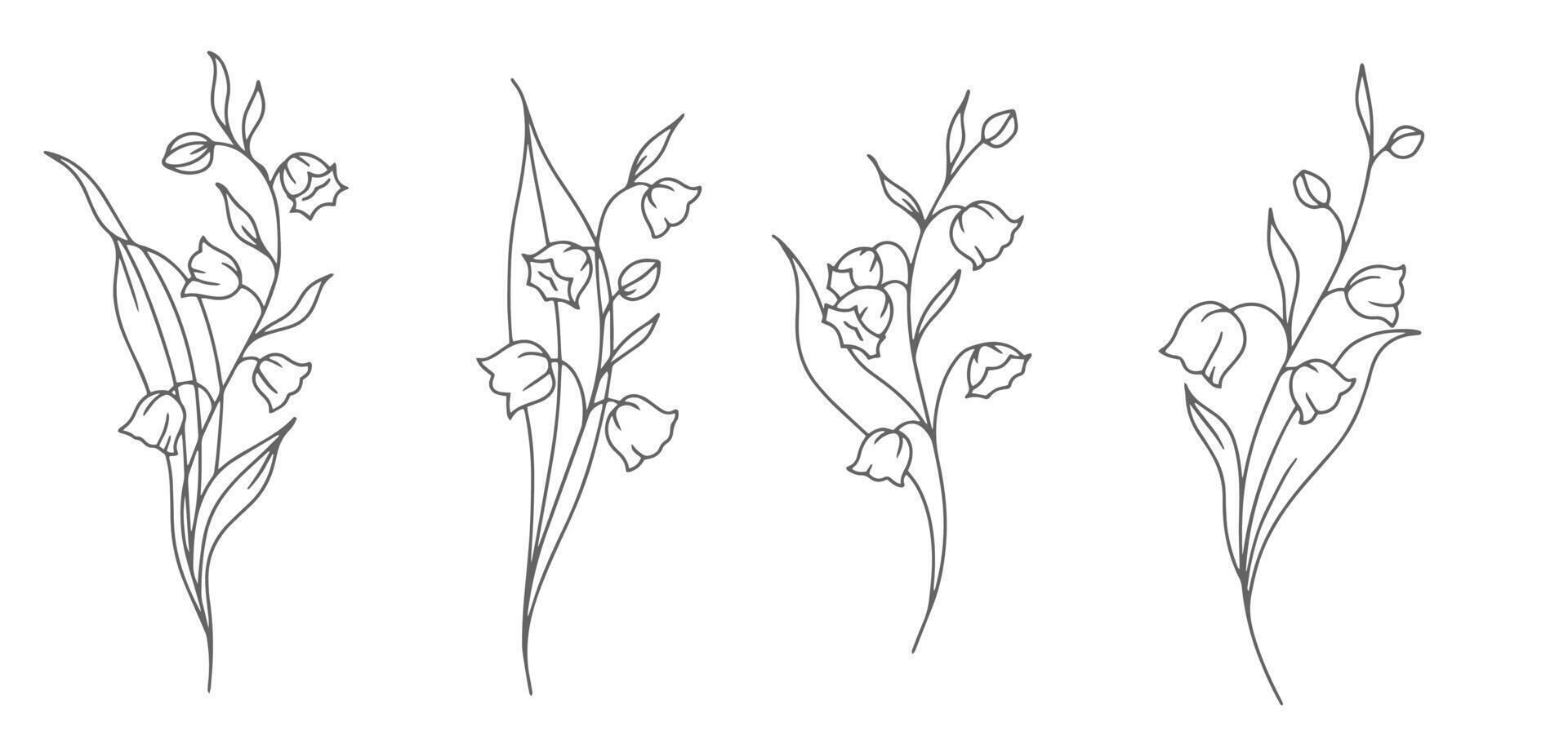 Lily of the Valley Line Art. Trendy floral branches and flowers. Botanical Line Art Spring Collection. Hand drawn line art lily of the valley flowers. Luxury Line Floral Art. vector