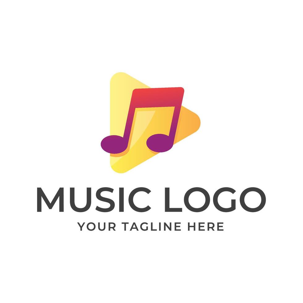 Music logo template with a yellow triangle and music note vector