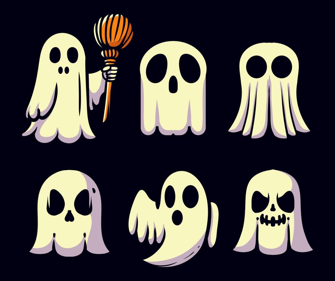 Ghost cartoon set. Halloween illustration. Horror and spooky element. Isolated on black background. Fit for banner, poster, symbol, background, apparel, cover. Eps 10. vector