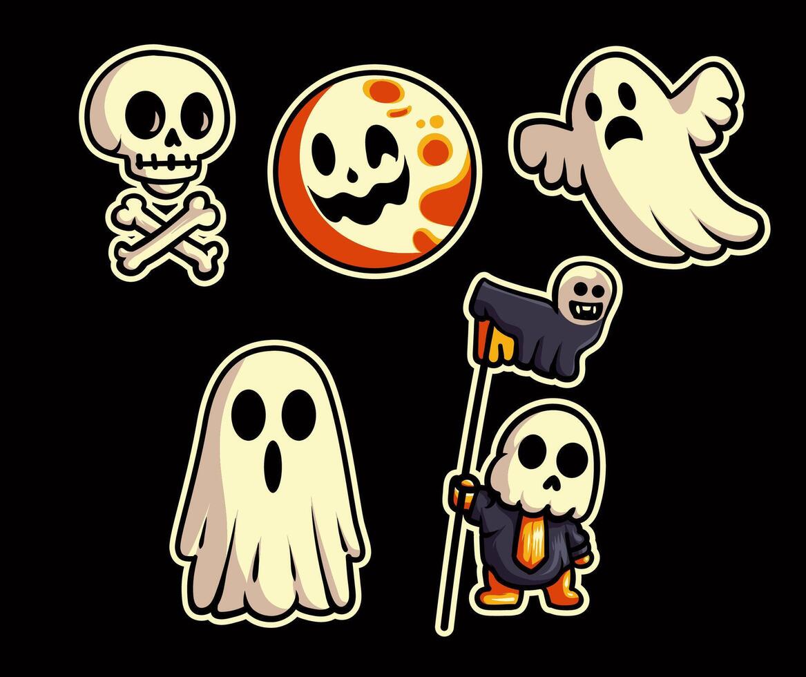 Spooky ghost cartoon set. Halloween illustration. Horror and spooky element. Isolated on black background. Fit for banner, poster, symbol, background, apparel, cover. Eps 10. vector