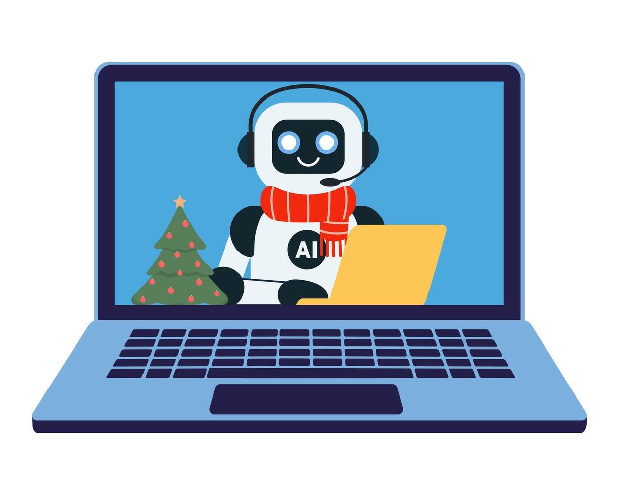 Cute chat bot robot with yellow laptop with a Christmas tree and a red scarf on on the monitor screen vector