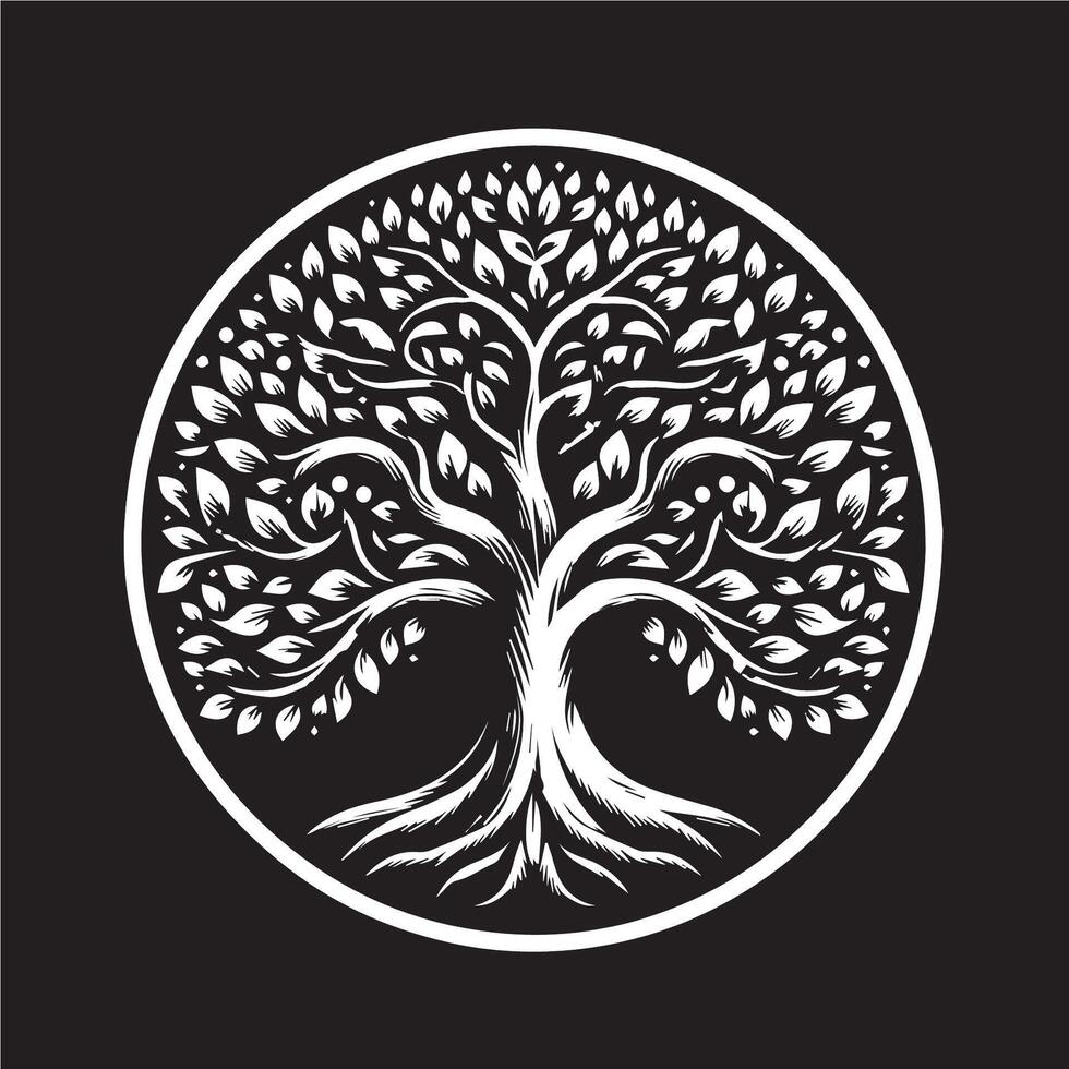 A white tree with leaves in a circle on a black background vector