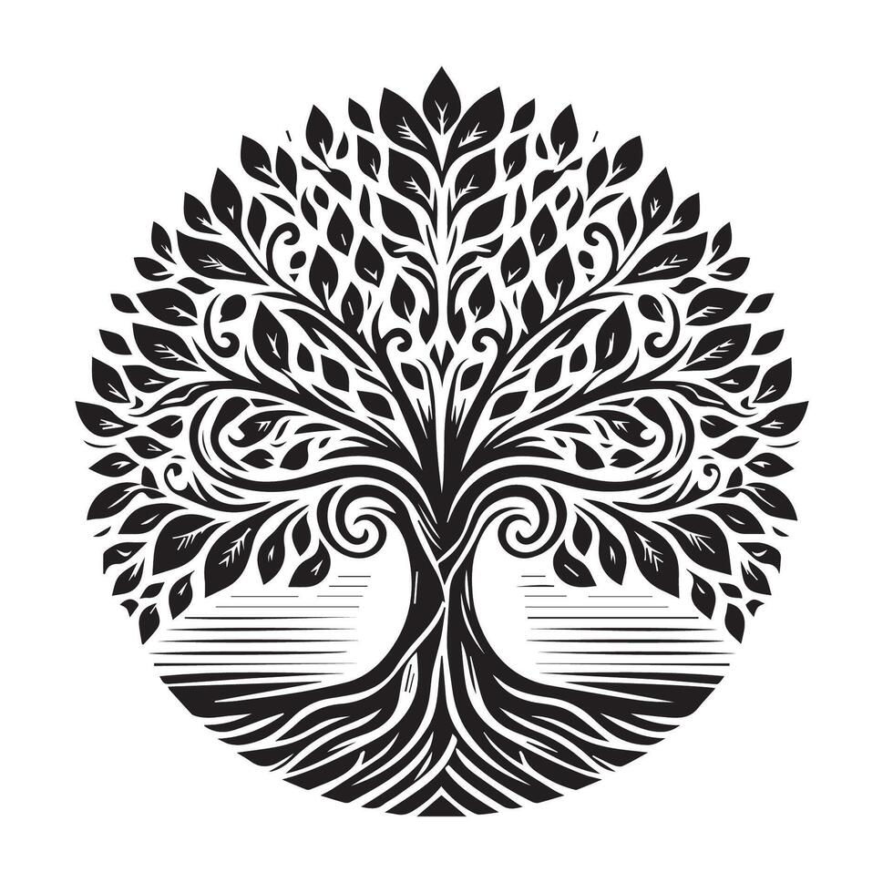 A stylized tree with leaves and branches in a circle vector