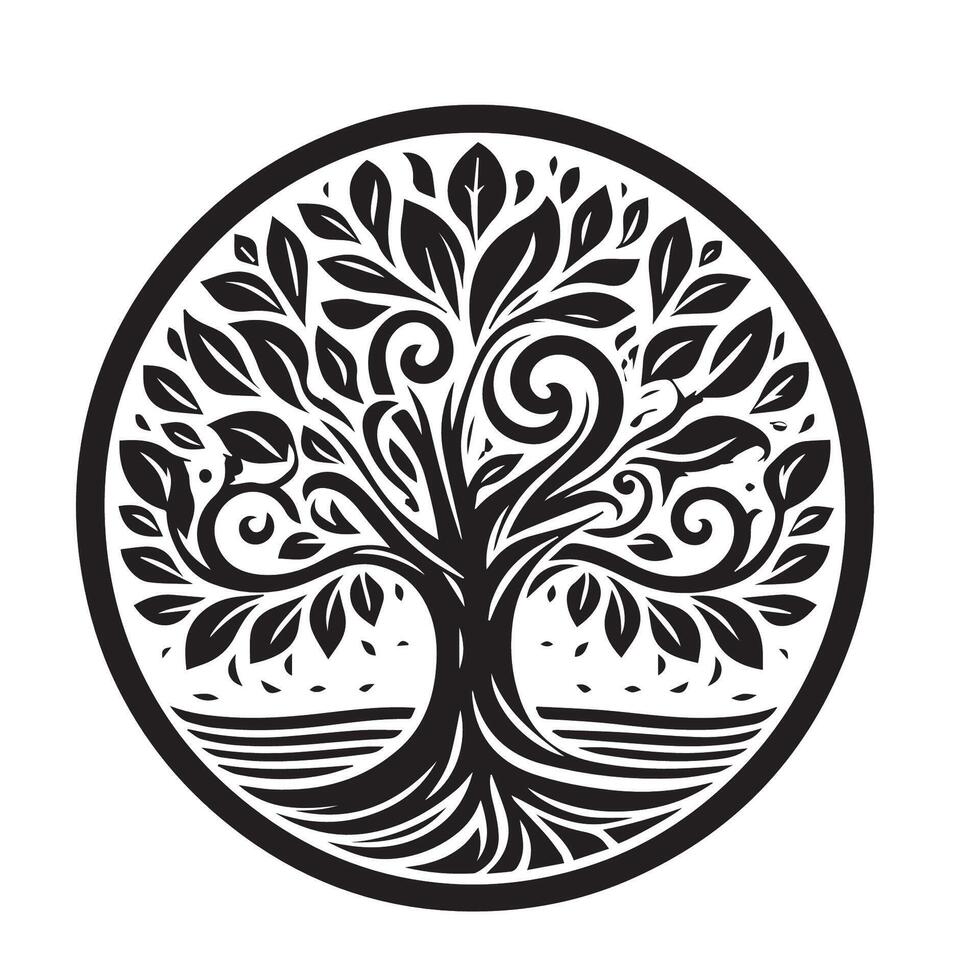 A black and white tree with swirls in the middle vector