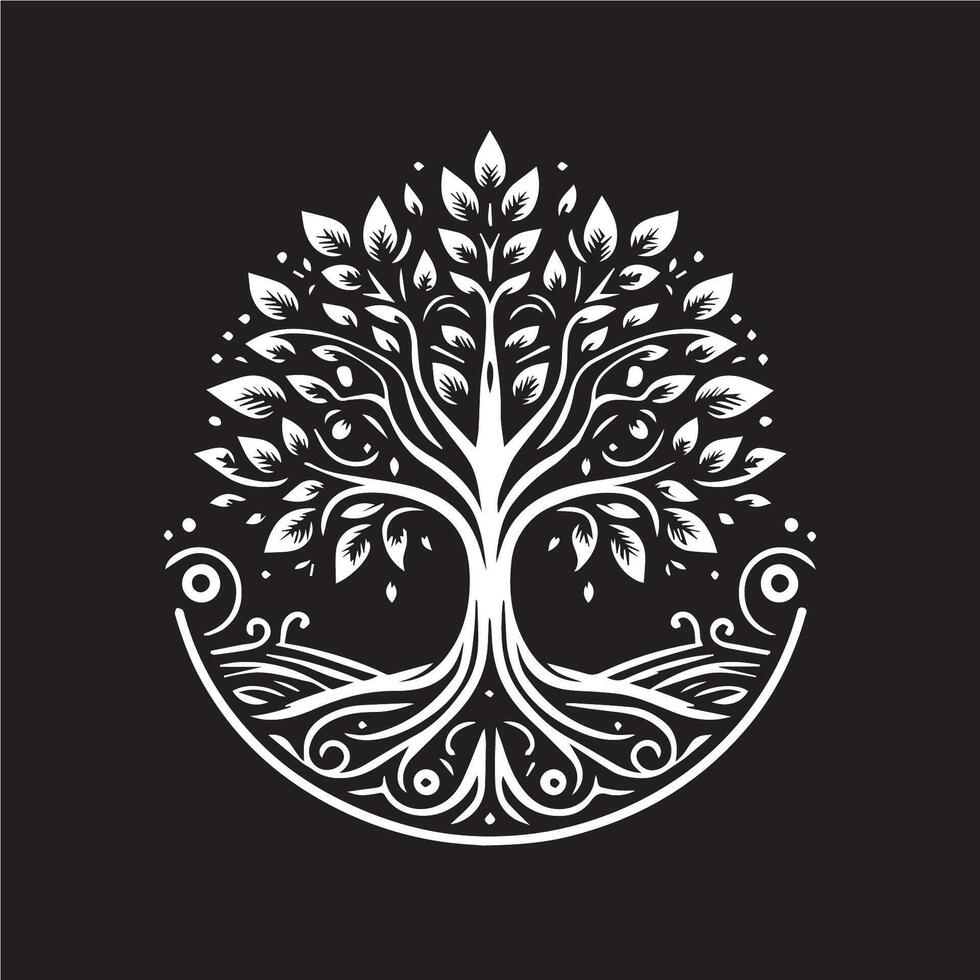 A white tree with leaves on a black background vector