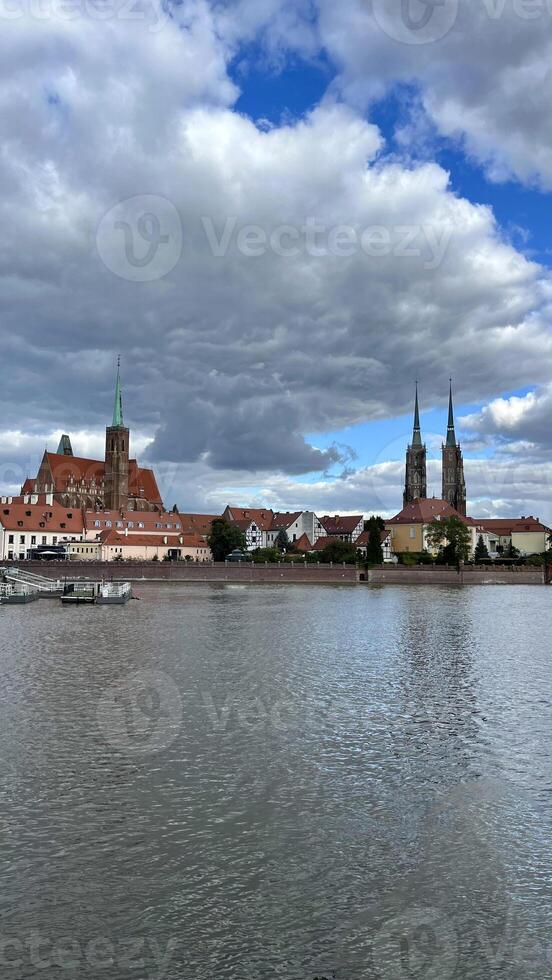 View from the Oder River to the ancient city of Wroclaw, Poland. photo