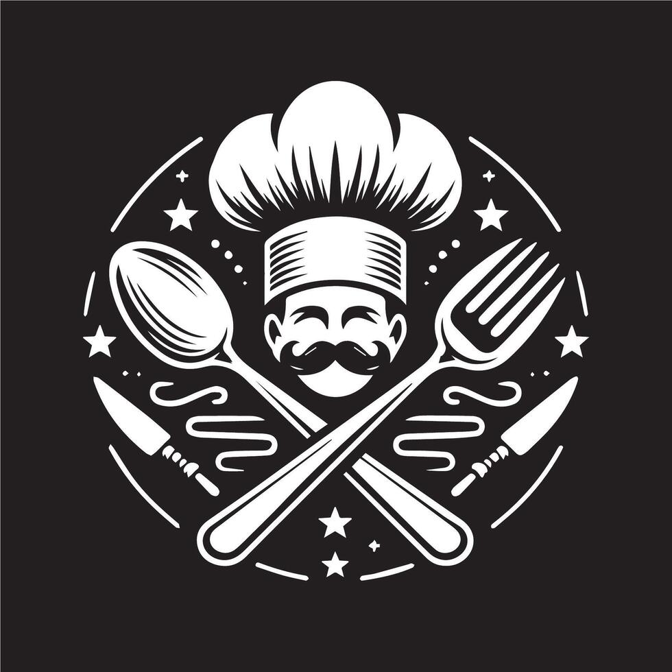 Chef hat with mustache and fork and knife illustration vector