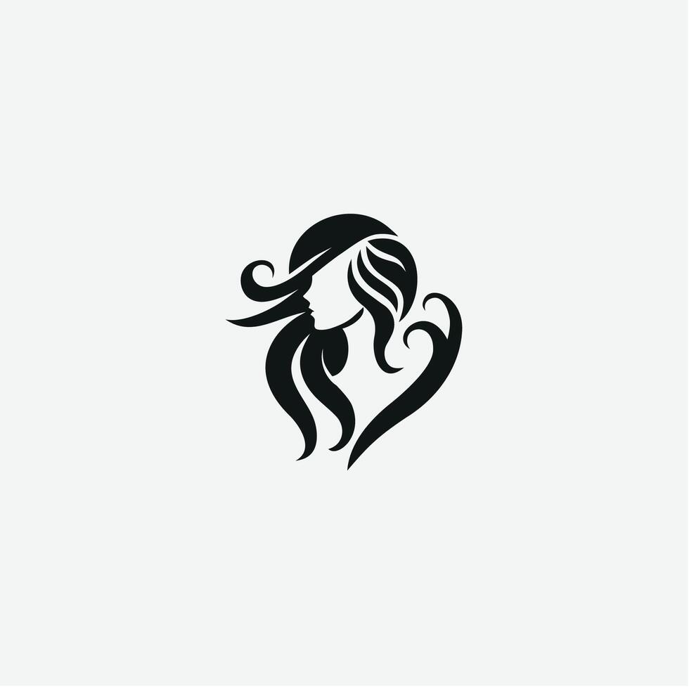 A woman's face with long hair is shown in a black and white logo vector