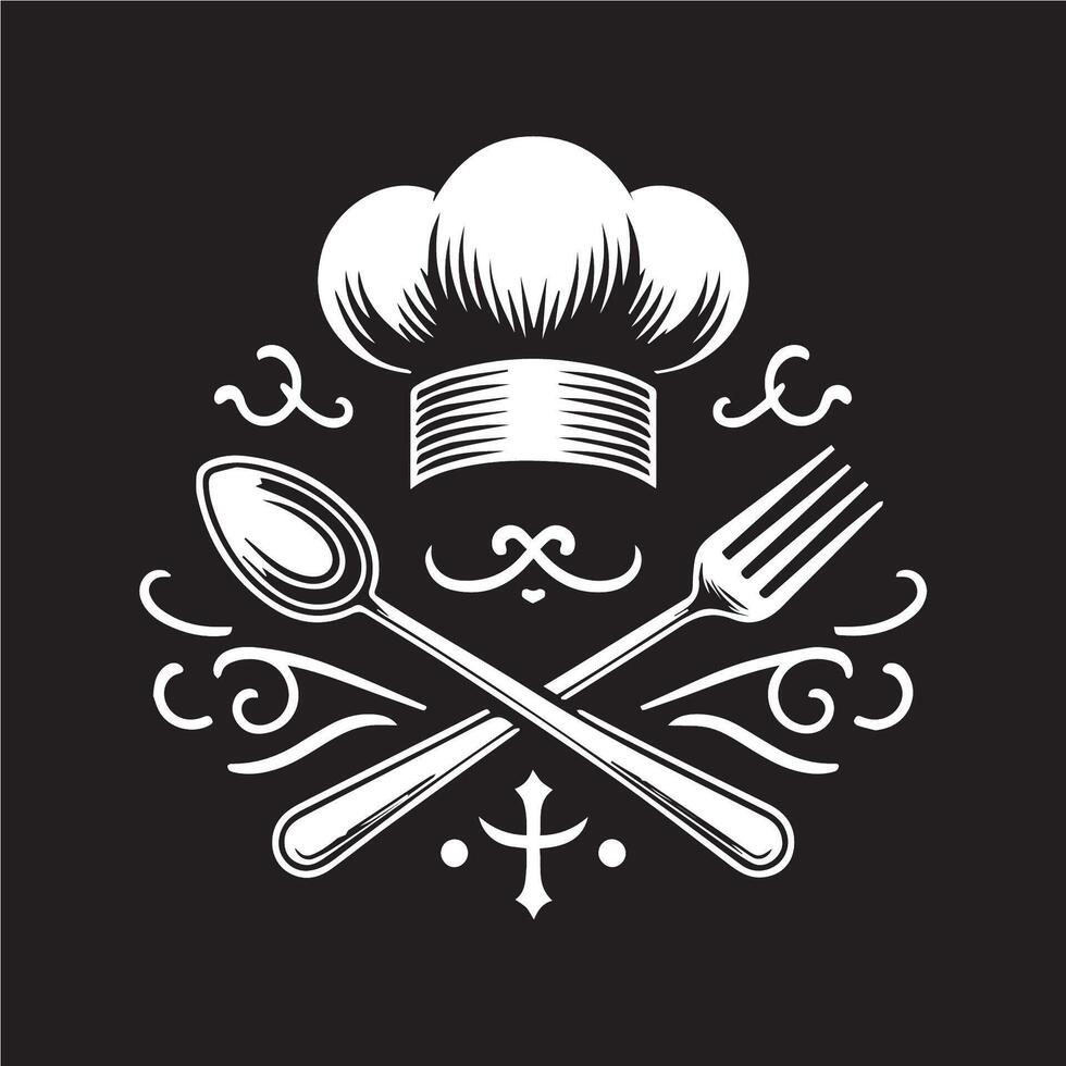 Chef hat and spoon with fork and knife on black background vector