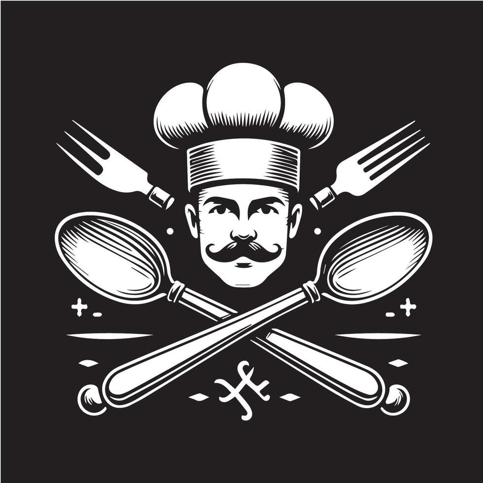 Chef with mustache and fork on black background vector