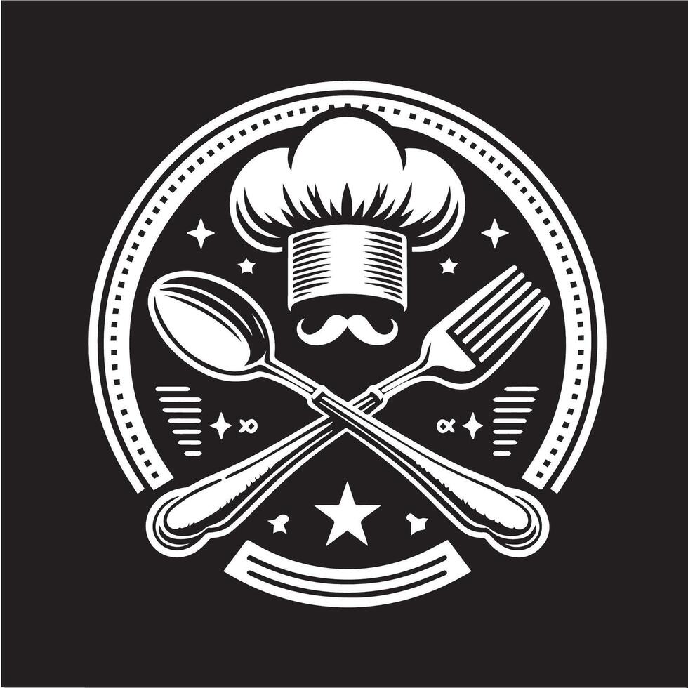 Chef hat with fork and spoon on black background vector