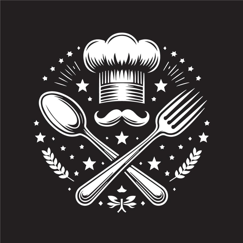 Chef hat, spoon, fork and stars on black background vector