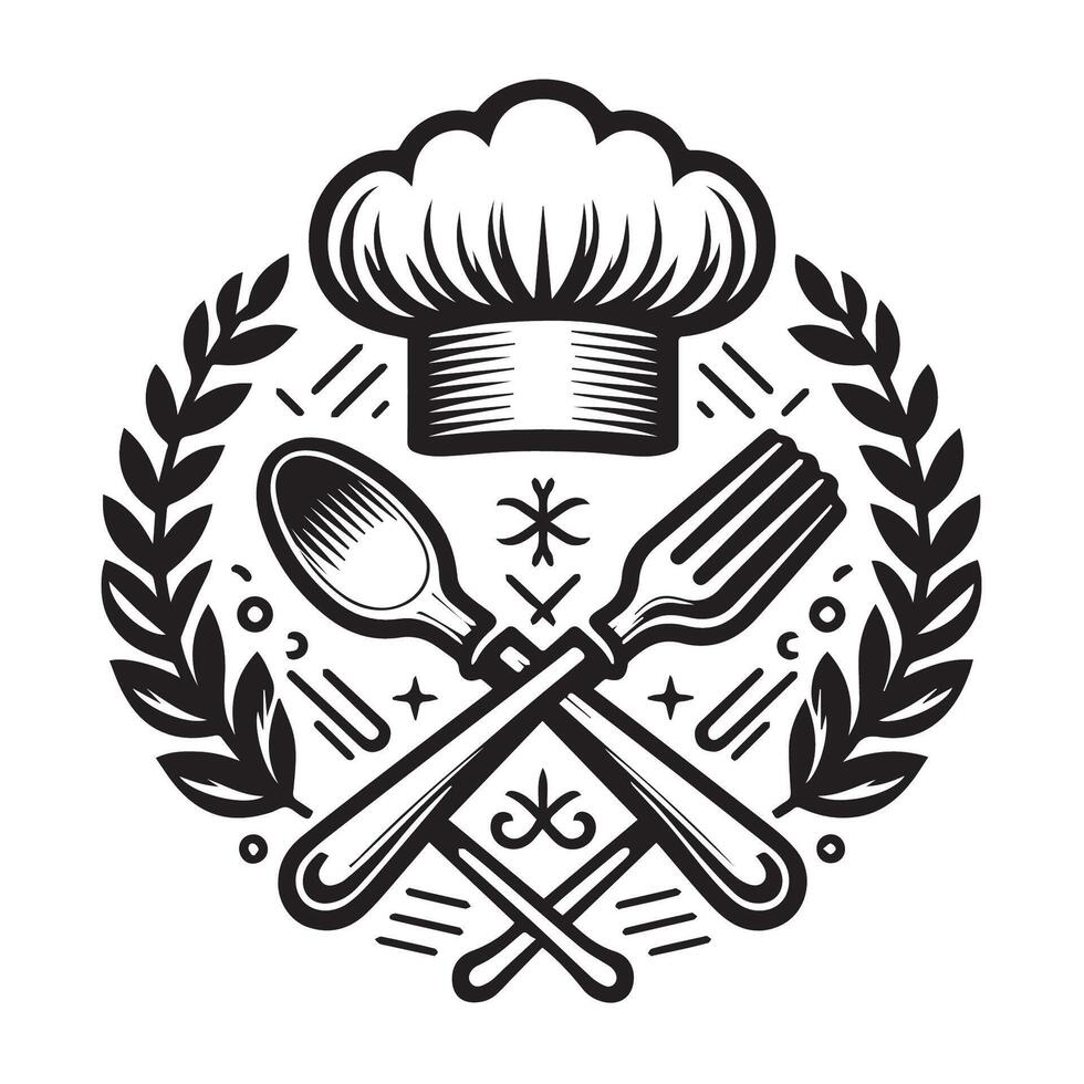 Chef hat, spoon, fork and laurel wreath emblem for restaurant, cafe, bar vector