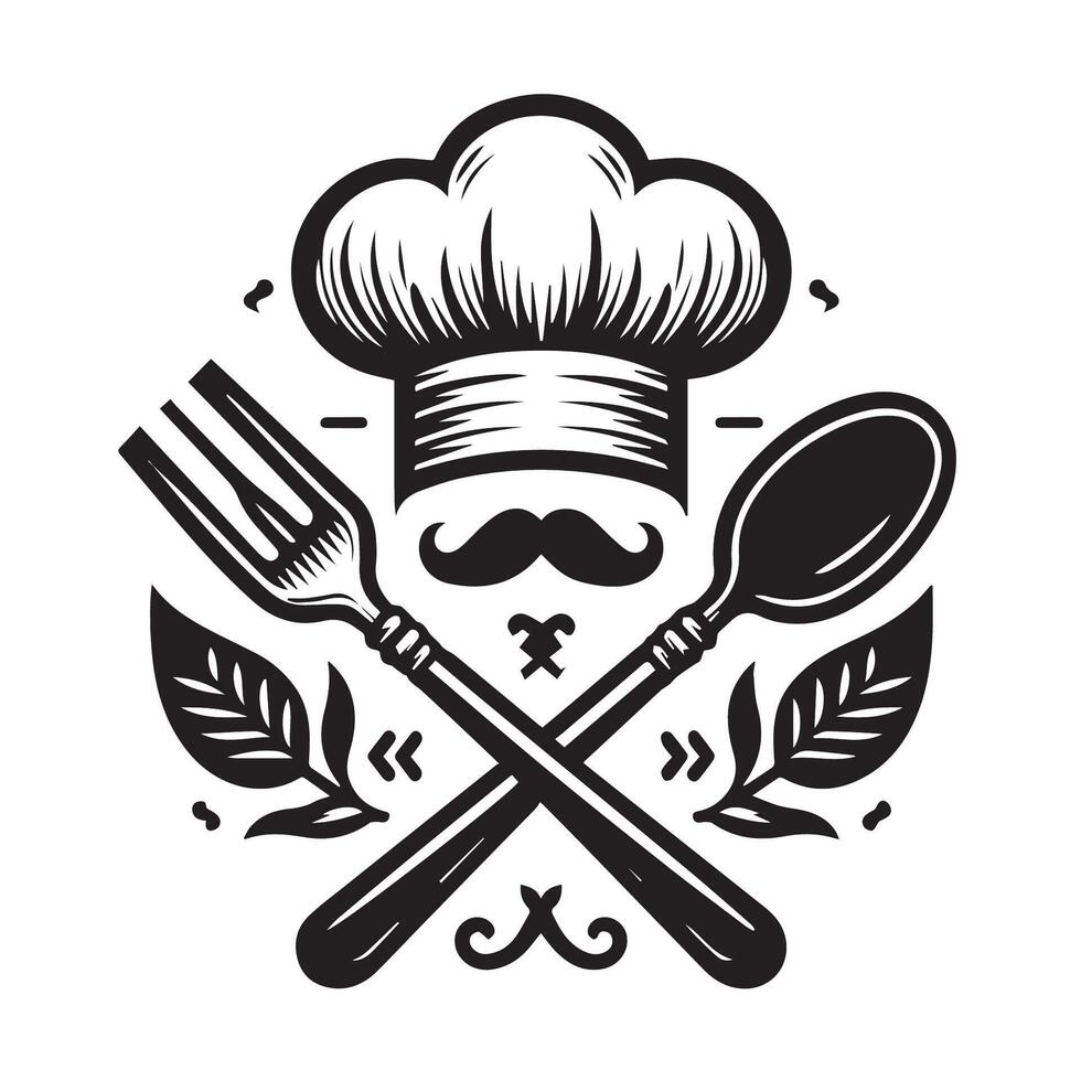 Chef hat, spoon, fork and knife emblem vector