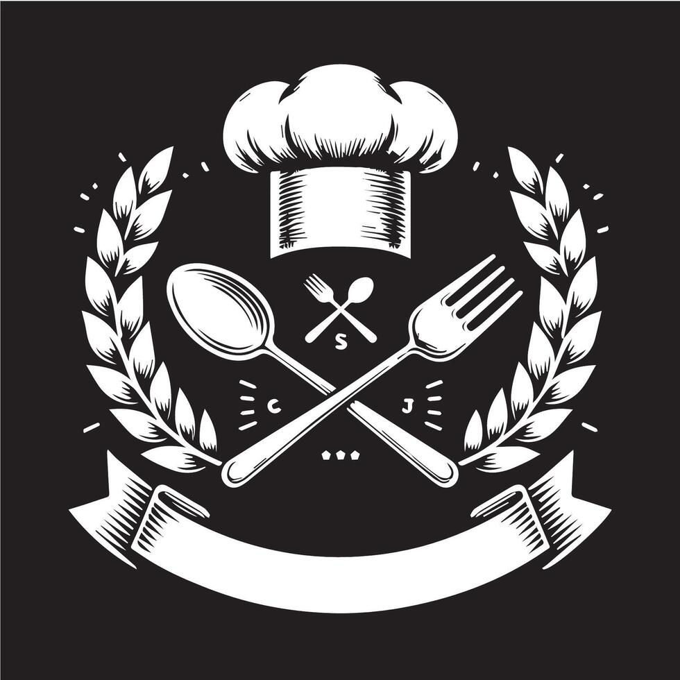 Chef hat, spoon, fork and laurel wreath emblem for restaurant, cafe, bar vector