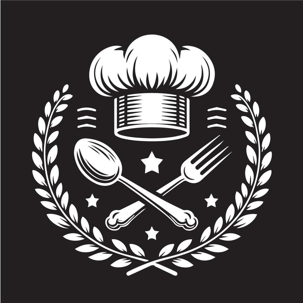 Chef hat and spoon with laurel wreath on black background vector