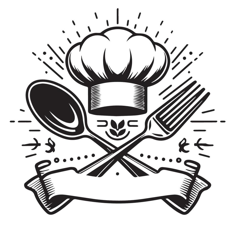 Chef hat and spoon with ribbon and banner illustration vector