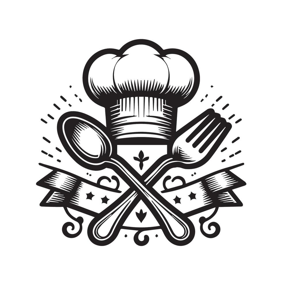 Chef hat and spoon with ribbon and ribbon in black and white vector