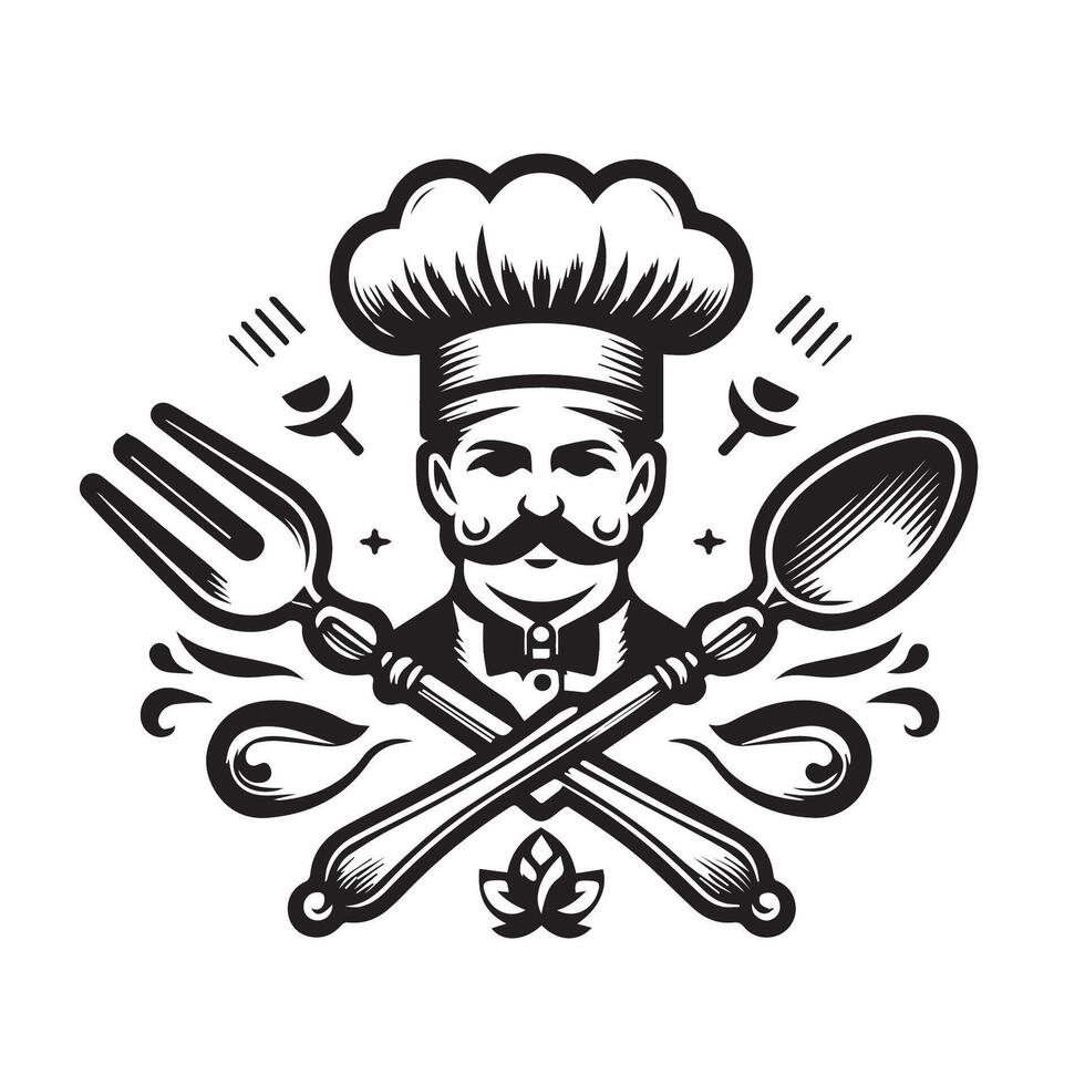 Chef with mustache and fork, spoon and knife illustration vector