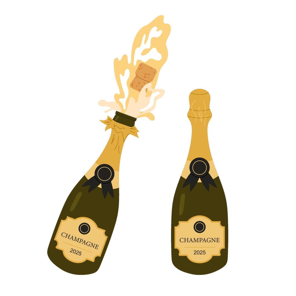 Set of illustrations of champagne bottles. Sealed bottle of sparkling wine. Splashes explosion of alcoholic beverage. Bottle for Happy Birthday, Christmas and New Year greetings. vector