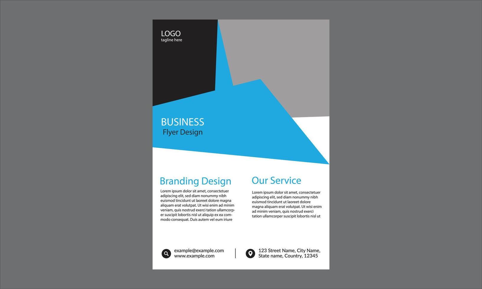 a sleek business flyer design. Its clean, modern, and professional, with geometric shapes in black, grey, and blue. vector