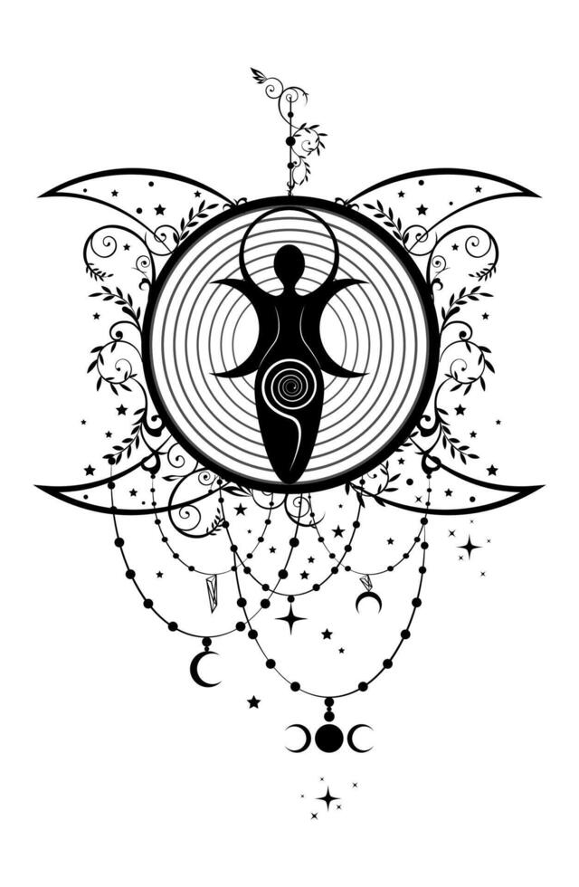 Mystical Wiccan Woman Logo triple moon goddess, spiral of fertility, Pagan Symbols, cycle of life, death and rebirth. Wicca mother earth symbol of sexual procreation, boho style, isolated on white vector