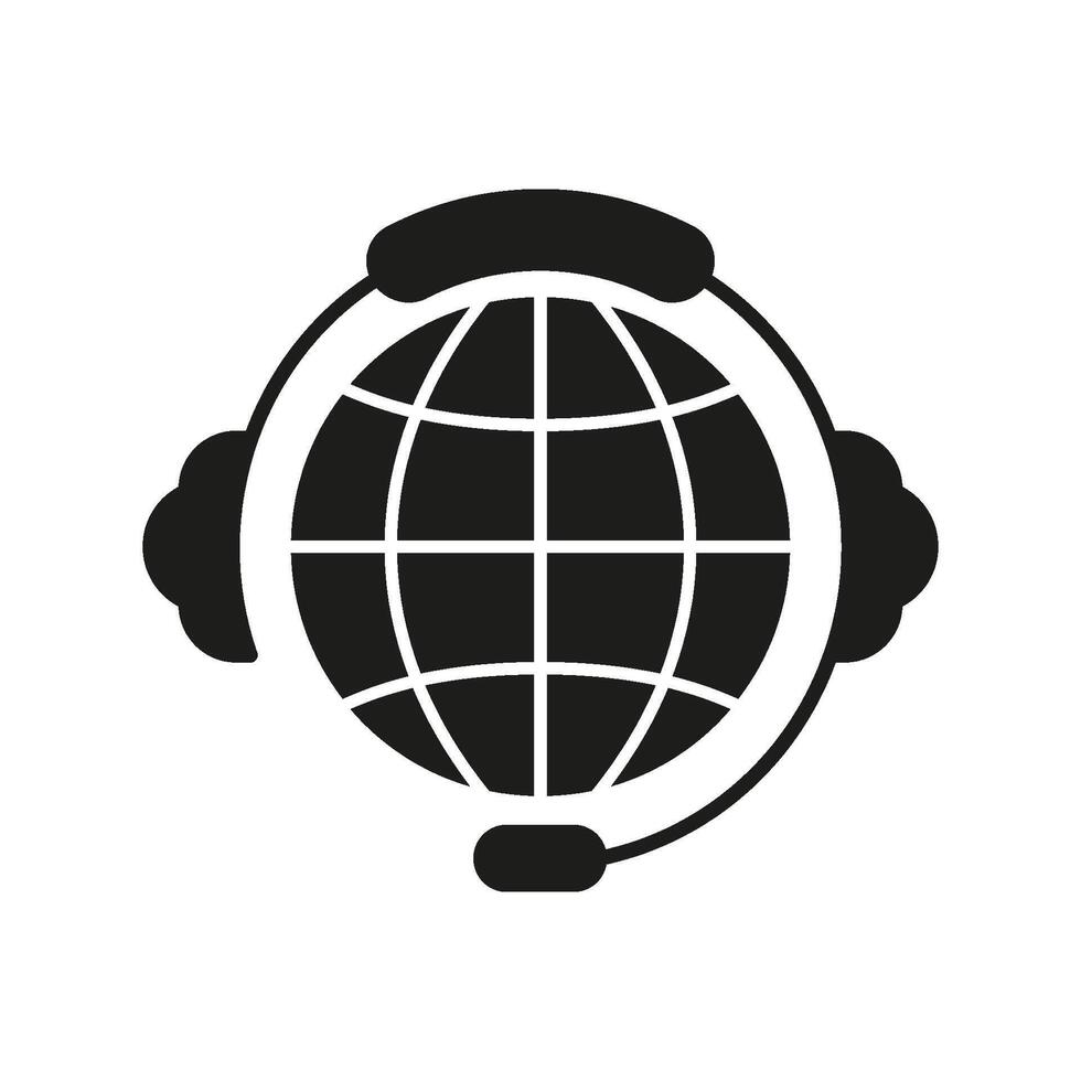 Global Customer Support Silhouette Icon with Headset for International Service. Worldwide Help and Communication Glyph Symbol. Isolated Illustration vector