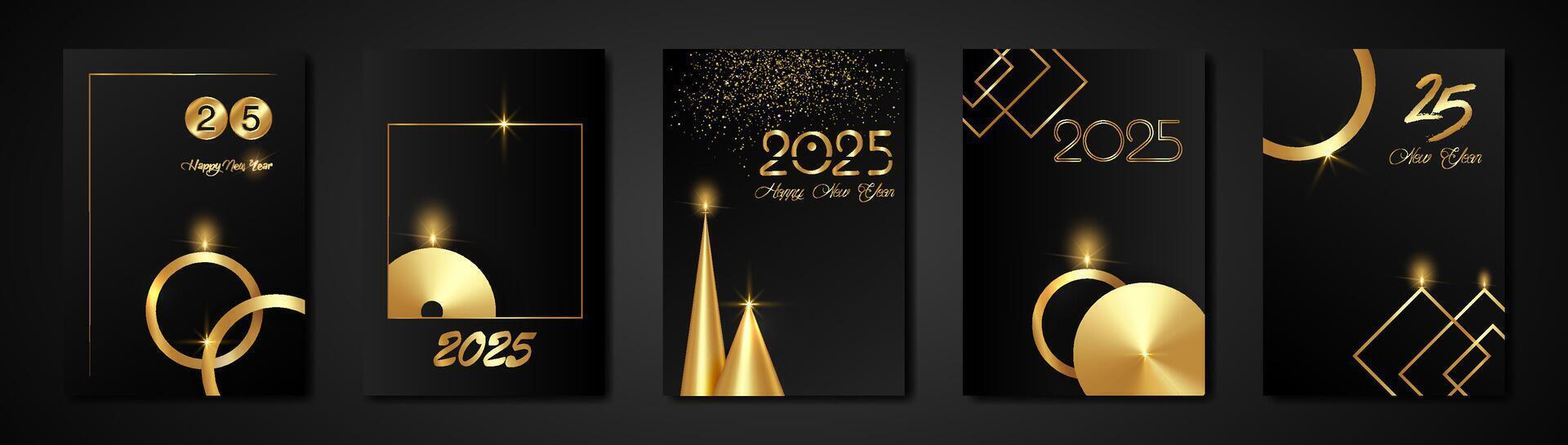 set cards 2025 Happy New Year gold texture, golden luxury black modern background, elements for calendar and greetings card or Christmas themed winter holiday invitations with geometric decorations vector