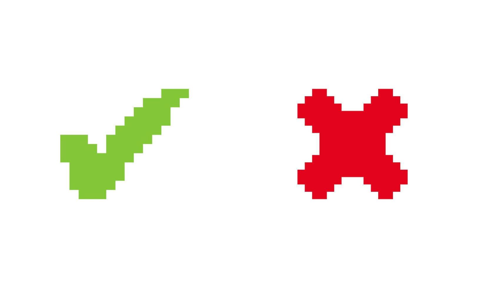 Check Icon with Right and Wrong Circle Buttons. Buttons of Green Check and Red Cross Icon in Pixel Art Style. Check Mark Icon. Isolated Illustration vector