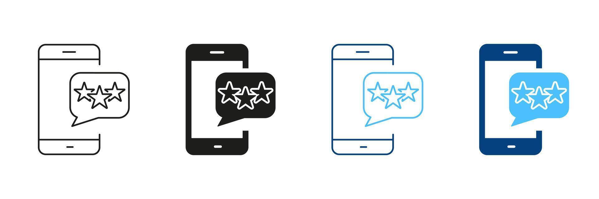 Feedback On Mobile Phone Line and Silhouette Icon Set. Social Media App Rating Pictogram. Stars On Smartphone With Speech Bubble Symbol. Editable Stroke. Isolated Illustration vector