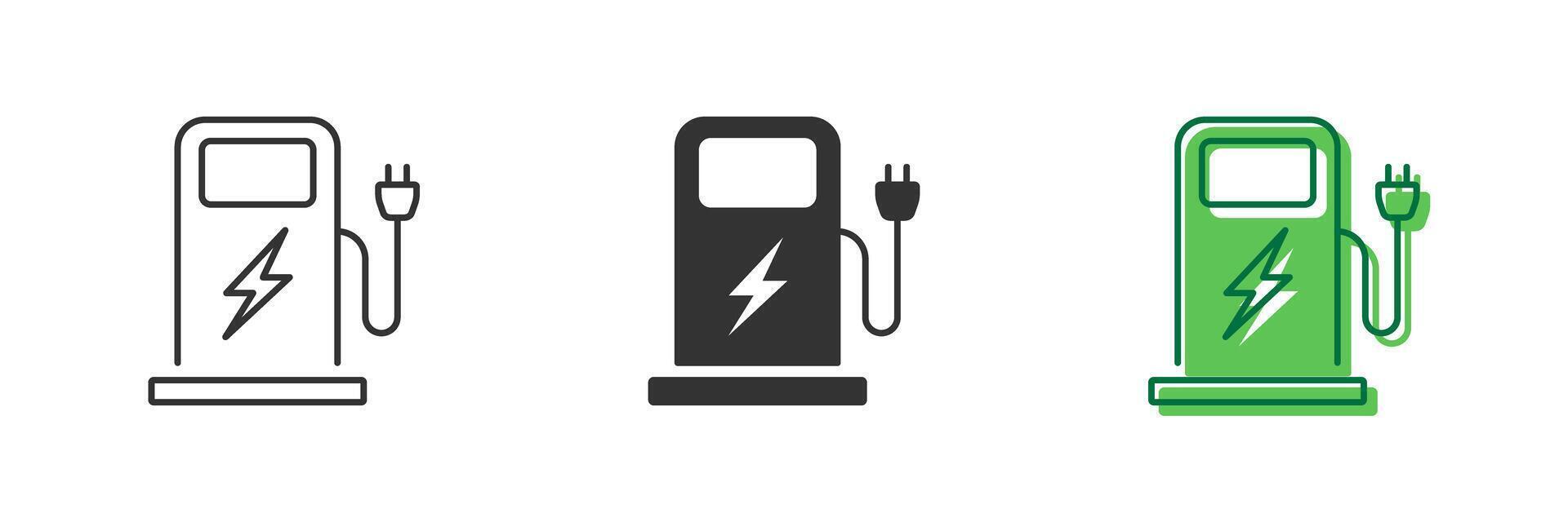 Electric Charging Station Line and Silhouette Icon Set. EV Charging Points with Power Symbol. Charger with Plug for Electric Auto Icon. Editable Stroke. Isolated Illustration vector
