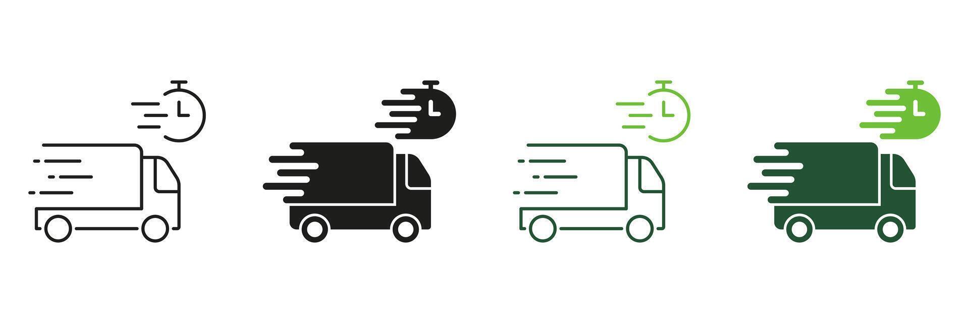 Delivery Time Line and Silhouette Icon Set. Fast Shipping Service Pictogram. Express Shipment Symbol. Speed Truck with Clock, Quick Transportation Sign. Editable Stroke. Isolated Illustration vector