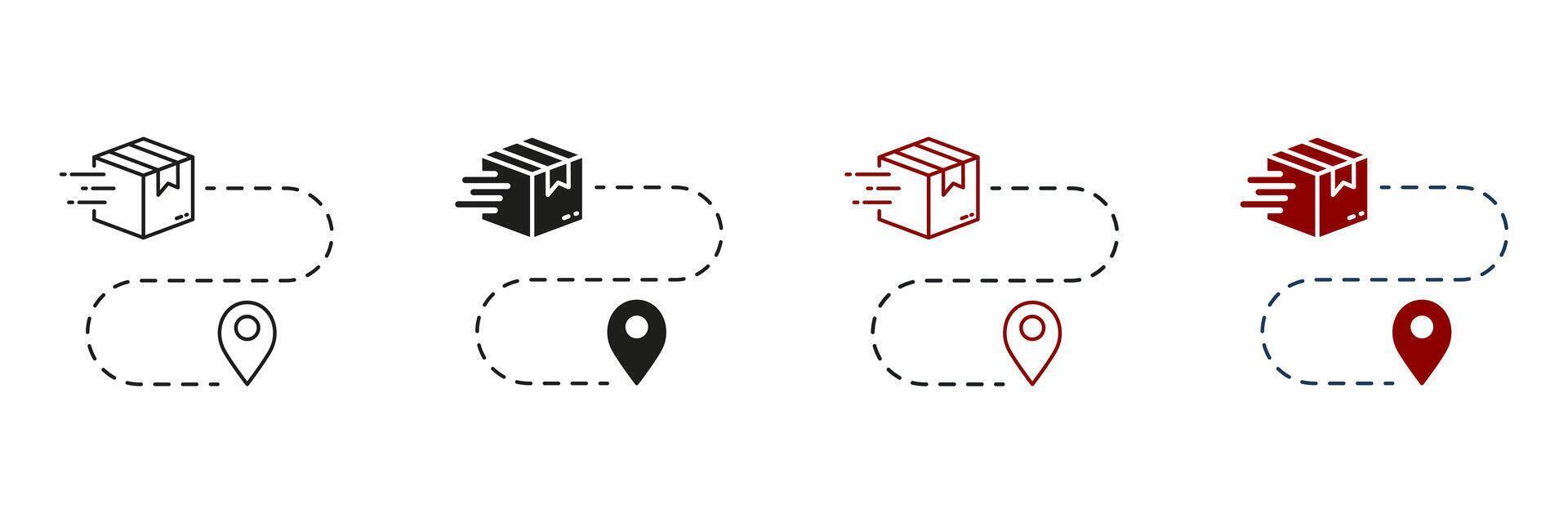 Shipment Distance, Pin on Map with Box Line and Silhouette Icon Set. Order Route Sign. Parcel Location Pictogram. Delivery Service Path Symbol. Editable Stroke. Isolated Illustration vector