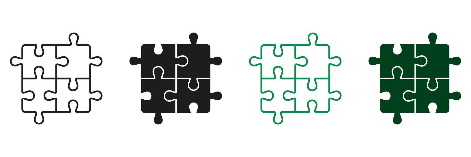 Square Puzzle. Logic Game, Teamwork, Idea Concept. Solution, Challenge, Combination Line and Silhouette Icon Set. Editable Stroke. Isolated Illustration vector