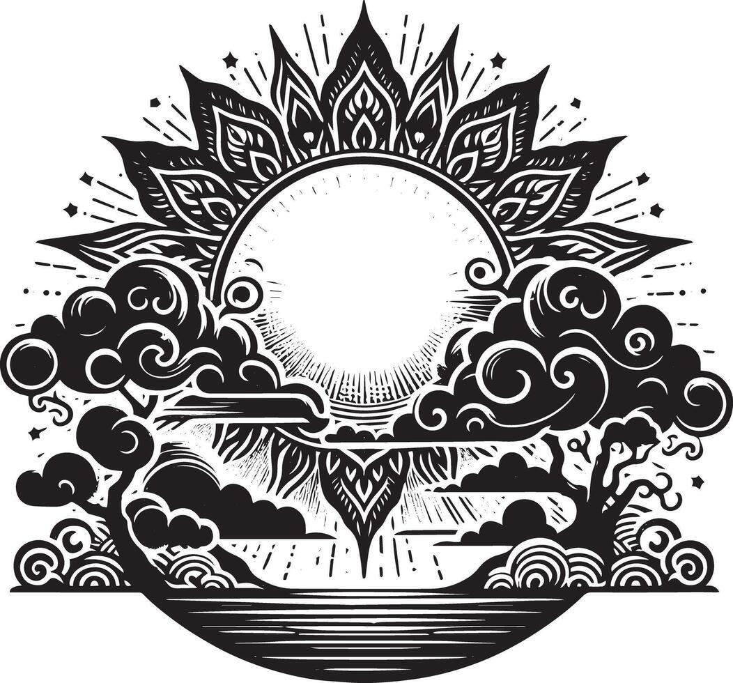 A black and white illustration of a sun and clouds vector